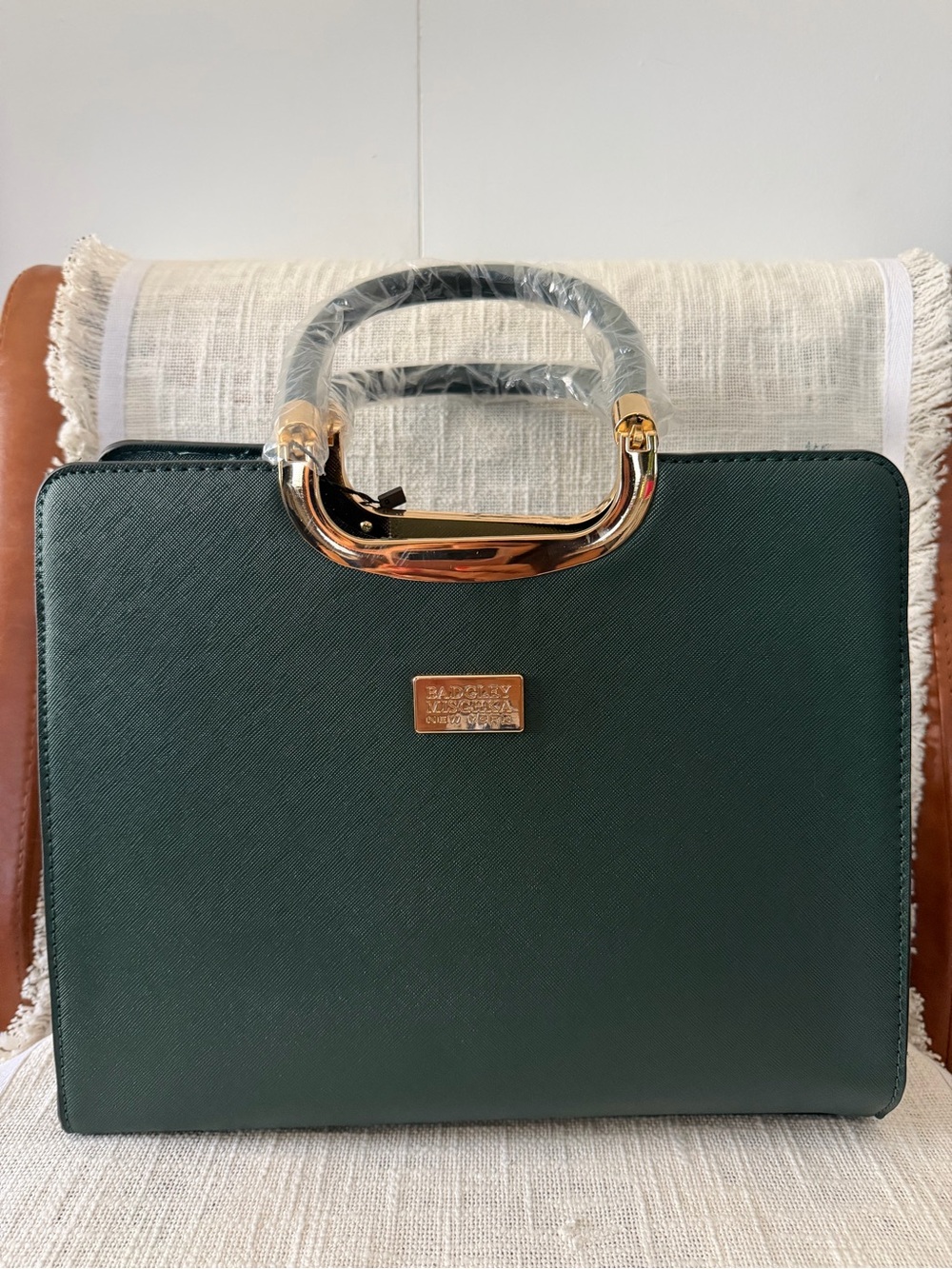 Badgley Mischka New York Forest Green Structured Satchel Gold Handle NWT